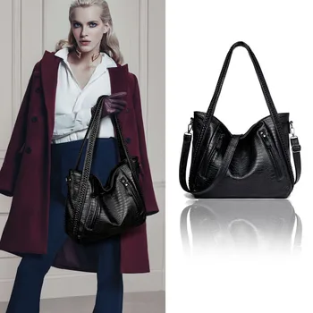 

Casual Women Handbags Black 2019 Big Female Shoulder Bag Luxury Tote Weave Pu Leather Large Bags For Women Design Messenger Bag