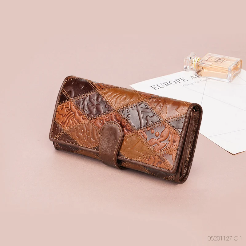2022 New Women's wallet retro women's leather wallets  Long Cover  Wallets Card Holder Phone Bag Embossed Floral Ladies Purses