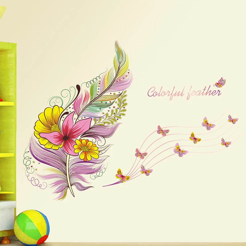 Beautiful Feather Flower Butterfly Wall Stickers For Home Decorations Bedroom PVC Self Adhesive Art Waterproof India Wallpaper