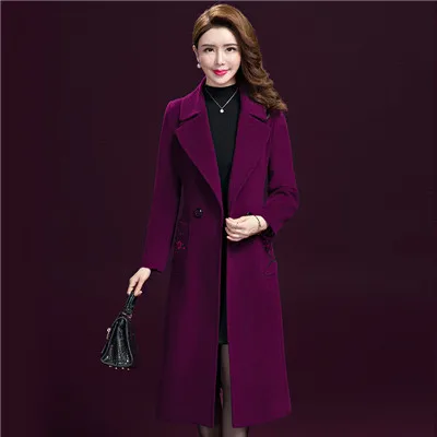 Purple Большие размеры Осень-Зима длинное шерстяное пальто с вышивкой Женская куртка высокого качества пальто Женская однотонная отбеленная шерсть куртка пальто 5XL - Цвет: Purple