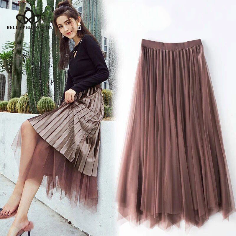 Bella philosophy 2019 autumn Solid mesh Women Skirts ladies Tulle Elastic Skirt female Double-side High Waist Pleated | Женская одежда