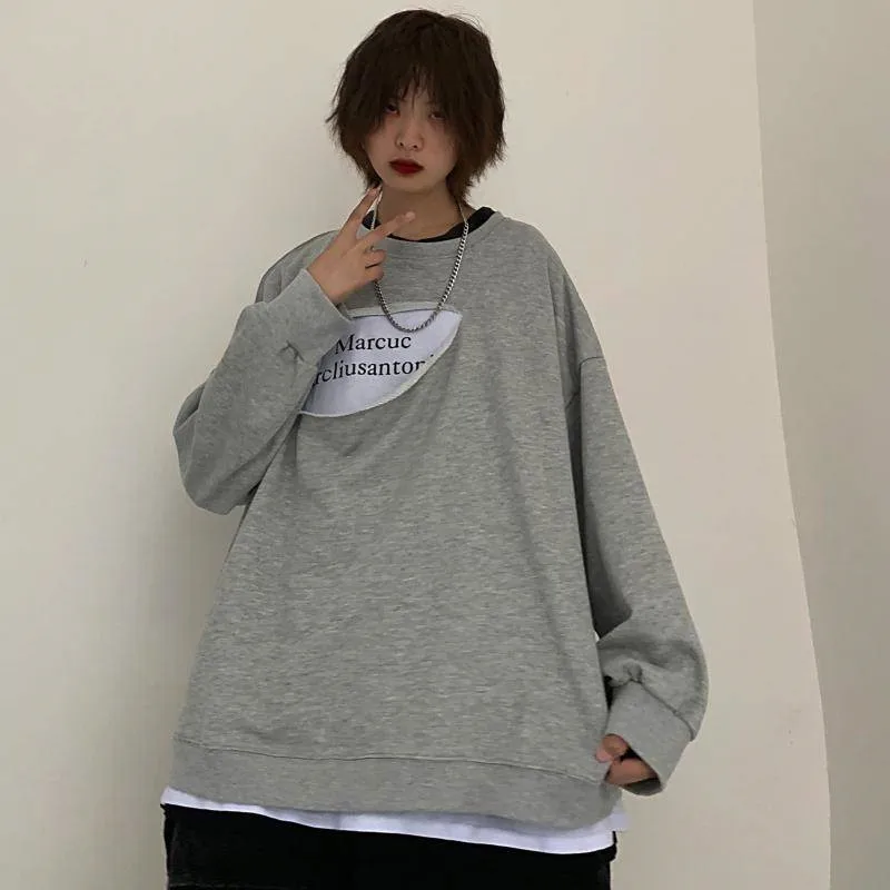 Новое поступление Harajuku повседневные уличные серые Лоскутные толстовки с круглым вырезом и длинными рукавами, Осенние японские модные толстовки, свитера, уличная одежда