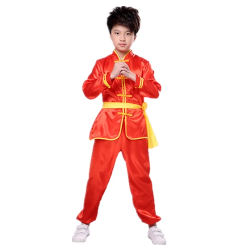 Китайская традиционная форма для кунг-фу для детей ростом от 100 до 170 см, короткие и полные костюмы Tai Chi Wu Shu, детская одежда для сцены - Цвет: Red Long Set