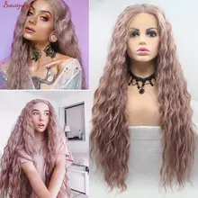 Розовый, золотой, розовый синтетический парик на кружеве, длинный, свободный, кудрявый, жаропрочное волокно, средняя часть волос, натуральные волосы для женщин, парики