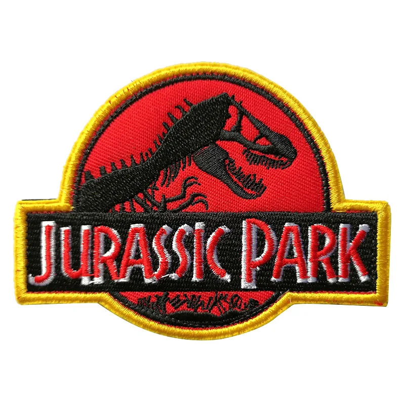 Red Color Jurassic Park Dinosaurs Embroidery Patches Stripes Clothing Punk Stickers Hook&Loop Military Badges Appliques