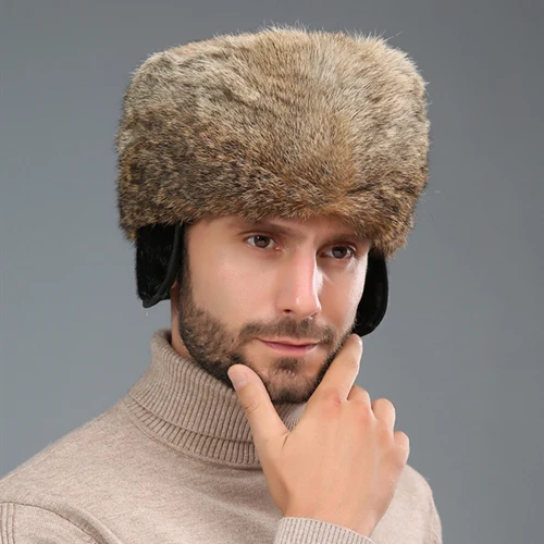 brown Русская шапка для мужчин, новинка, мужская шапка из кроличьего меха, зимняя шапка с ушками, теплая, утолщенная, модная, для взрослых - Цвет: brown