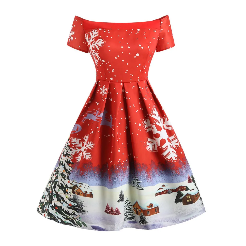 Зимние рождественские платья для женщин 50S 60S винтажный халат качели Pinup элегантное вечернее платье с коротким рукавом на каждый день размера плюс с принтом vestidos