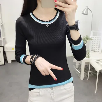 

3pcs/lot female autumn and winter bright silk striped sweater color matching slim long-sleeved sweater bottoming shirt