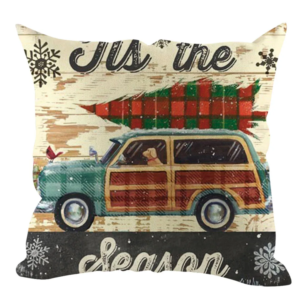 Christmas Red Truck 45x45cm Cushion Cover Christmas Tree Decoration Family Living Room Chair New Year Linen Print Pillow Cases