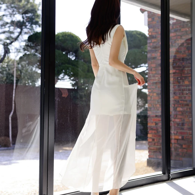White Voile Long Prom Party Elegant Chiffon Gauze One-Shoulder Inclined Shoulder Asymmetrical Dresses 5