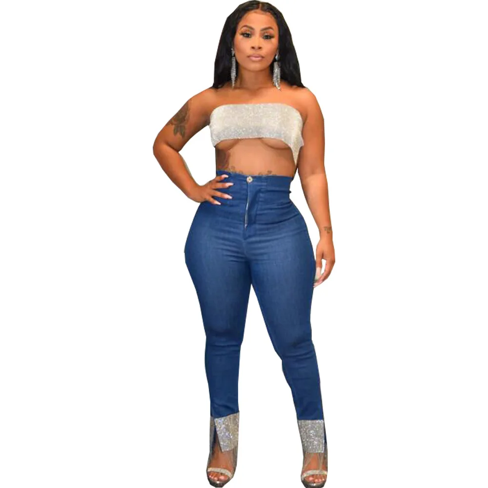 Latest Fashionable Sequins Tassels Women Jeans New High Waist Skinny Pencil Jeans Split Blue Denim Casual Pants Real Photo
