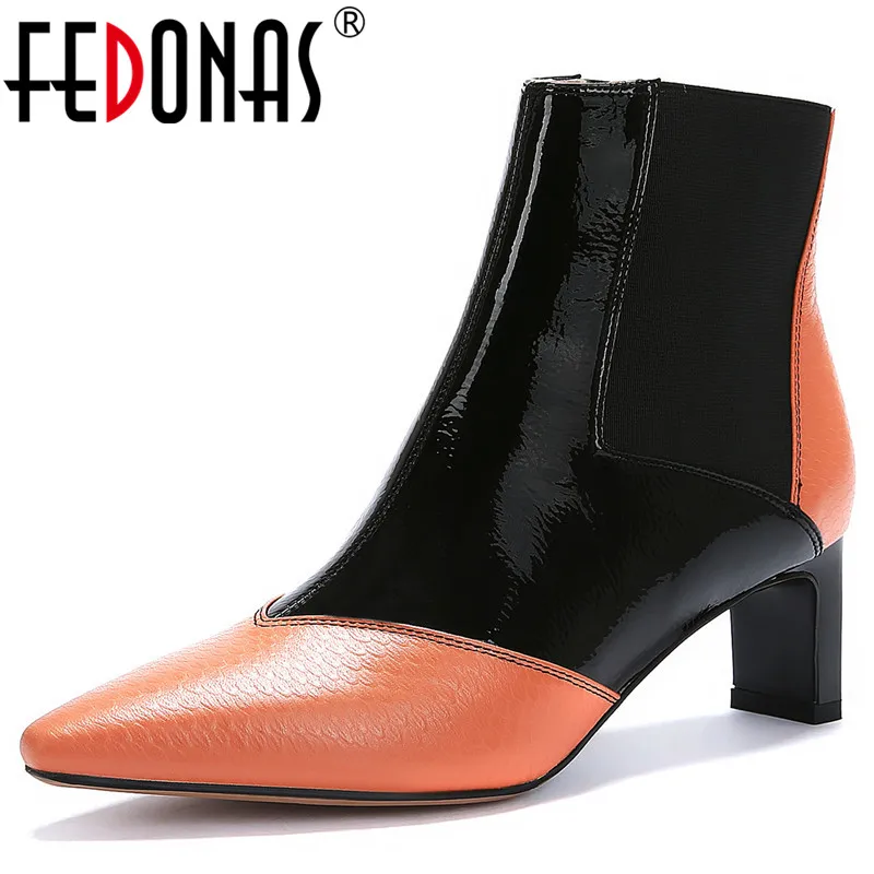 

FEDONAS Women Elastic Band Ankle Boots Pointed Toe Chelsea Short Boots Mixed Colors Genuine Leather Party Dancing Shoes Woman