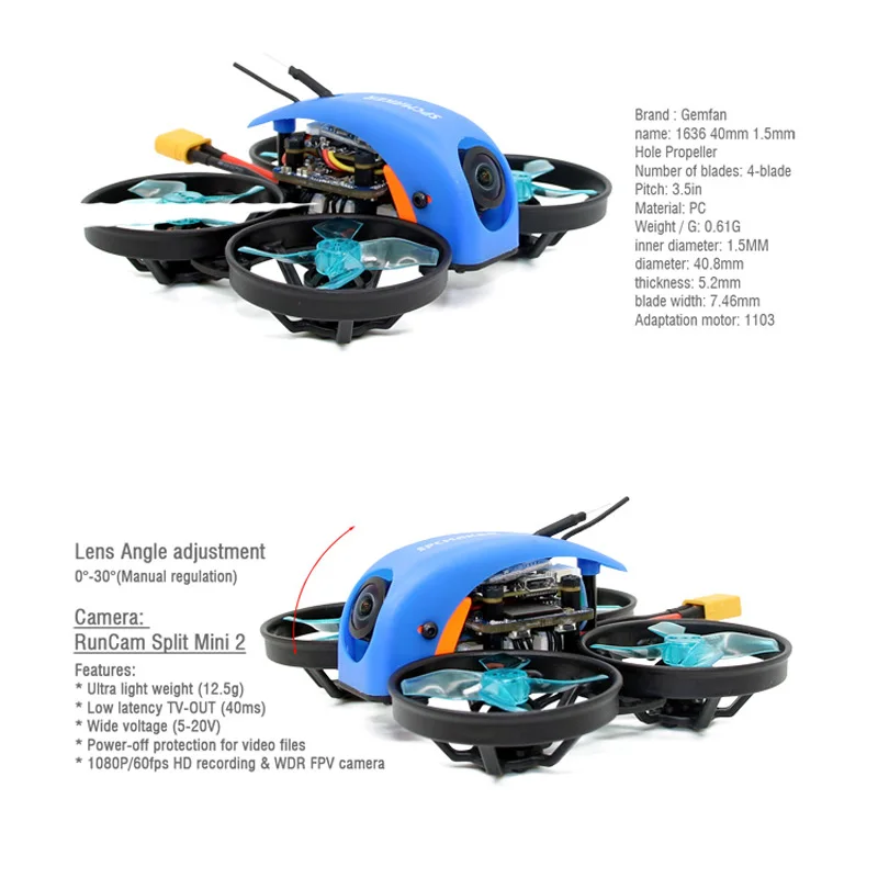 

Hot 1PC SPCMAKER Mini Whale FPV Racing RC Drone 78MM 1080P Card Recording Fs-rx2A/R6DSM/FUTUBA Receiver Runcam Split 2