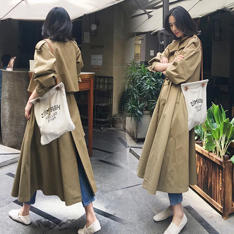 

2019 Spring New Style Long Sleeve Long Straight-Cut Pocket Khaki Trench Coat Commuting Convention Cotton