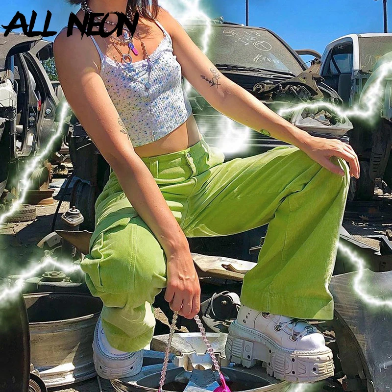 

ALLNeon Y2K Fashion Hip Hop Style High Waist Oversized Pants E-girl Vintage Corduroy Pockets Straight Green Cargo Trousers Fall