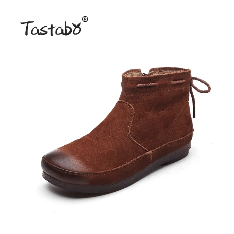 Tastabo 2019 autumn and winter ladies ankle boots Handmade vintage leather everyday shoes S8935-1 Brown caramel women's boots