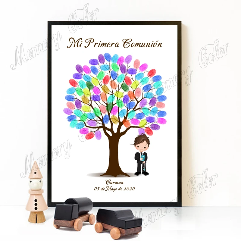 Name Date Spanish Mi Primera Comuni&oacute;n Fingerprint DIY Tree Painting for Kids First Communion Party Souvenir first communion fingerprint tree
