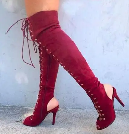 

Wine Red Lace up Boots Slingback Stiletto Heels Over-the-knee Boots Sexy Peep Toe Thigh high Boots for Woman