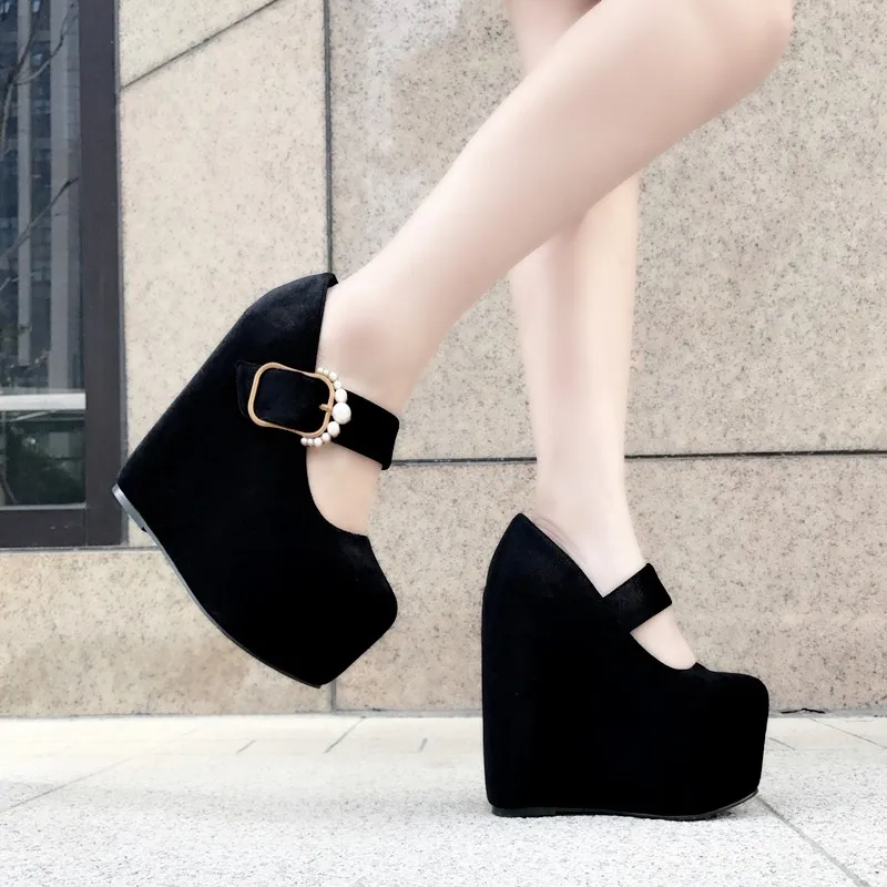 new wedge with thick bottom round single shoes female inside increased 15 cm suede high heels simple elegant women's shoes - Цвет: Черный