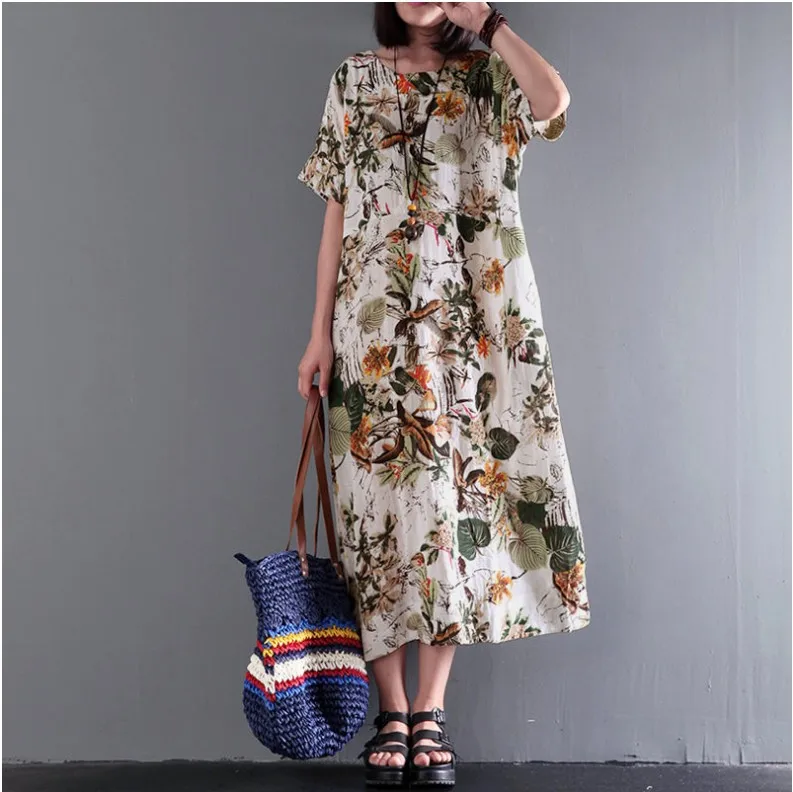 

Women Loose Cotton Linen Printe Dress Ladies Casual Print Floral Dress Female Short Sleeve Summer Vintage Dress 2019