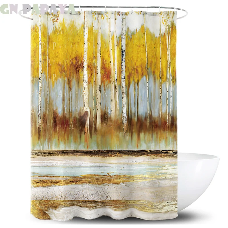 

Nordic style Birch forest macrame Bath Curtains Waterproof Polyester Fabric fashion yellow Shower Curtains Screen with Hooks