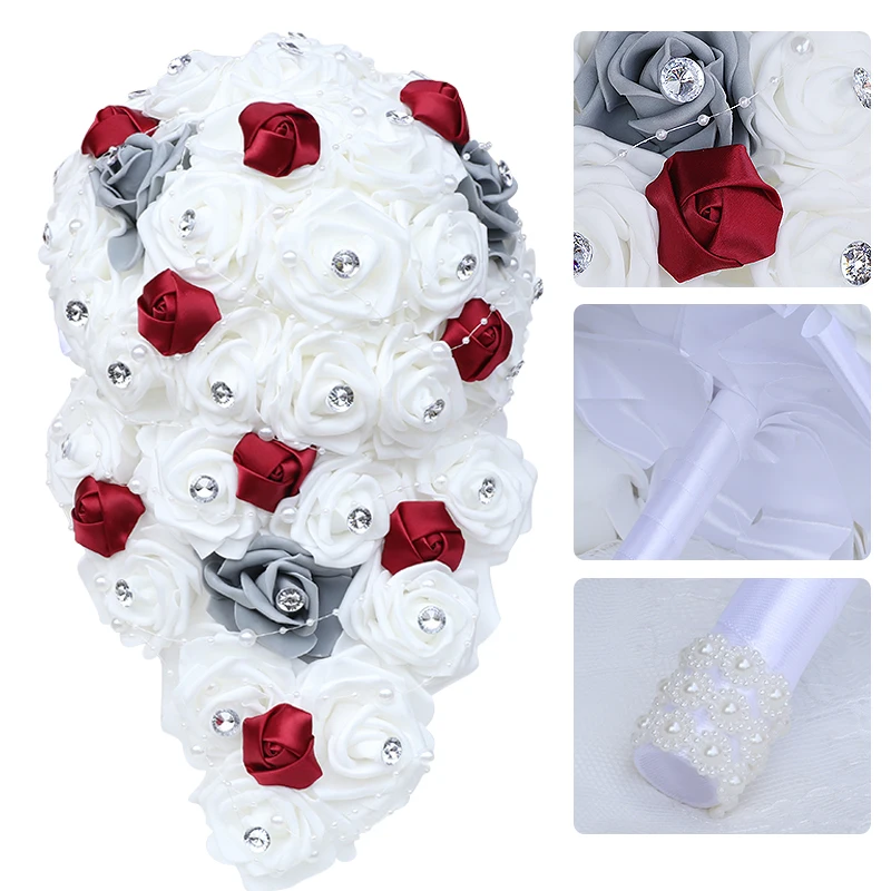 Beautiful Waterfall Bride Bridesmaid Holding Flowers PE Rose Bud Handmade Bouquet Wedding Supplies Promotion W330PE