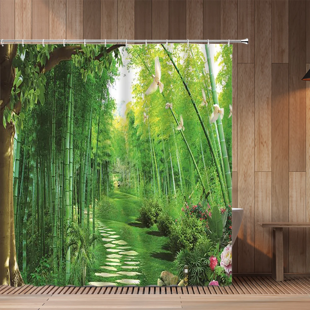 

Занавеска для душа с изображением зеленых бамбуковых листьев, цветов, птиц, растений, Листьев, декоративная занавеска для ванной