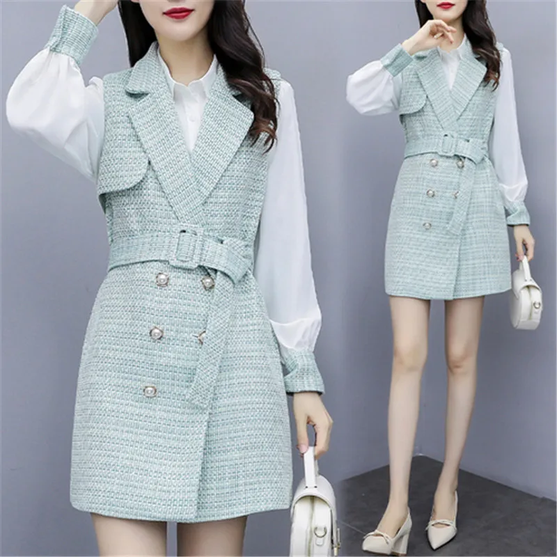 

2019 Autumn Fashion Week High Quality New 2 Piece Set Women Grace Sleeveless Belt Slim Mini Dress+Long Sleeve White Shirt Suit