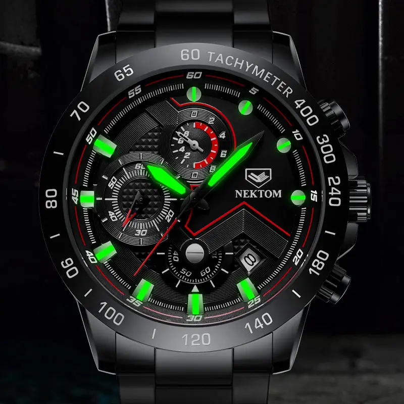 

NEKTOM New Fashion Mens Watches Stainless Steel Luminous Top Brand Luxury Sports Chronograph Quartz Watch Men Relogio Masculino