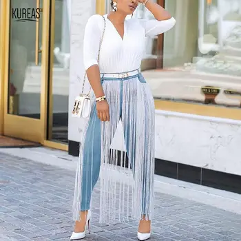 

Kureas 2019 Women African Clothes Casual Tassel Patchwork Skinny Washed Jeans High Rise Denim Pants Fashion Trousers