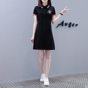 

Plus Size Clothes Women Dress Short Sleeve POLO Collar Embroidery Casual Office Black Dresses Korean T-shirtdress Summer 2020