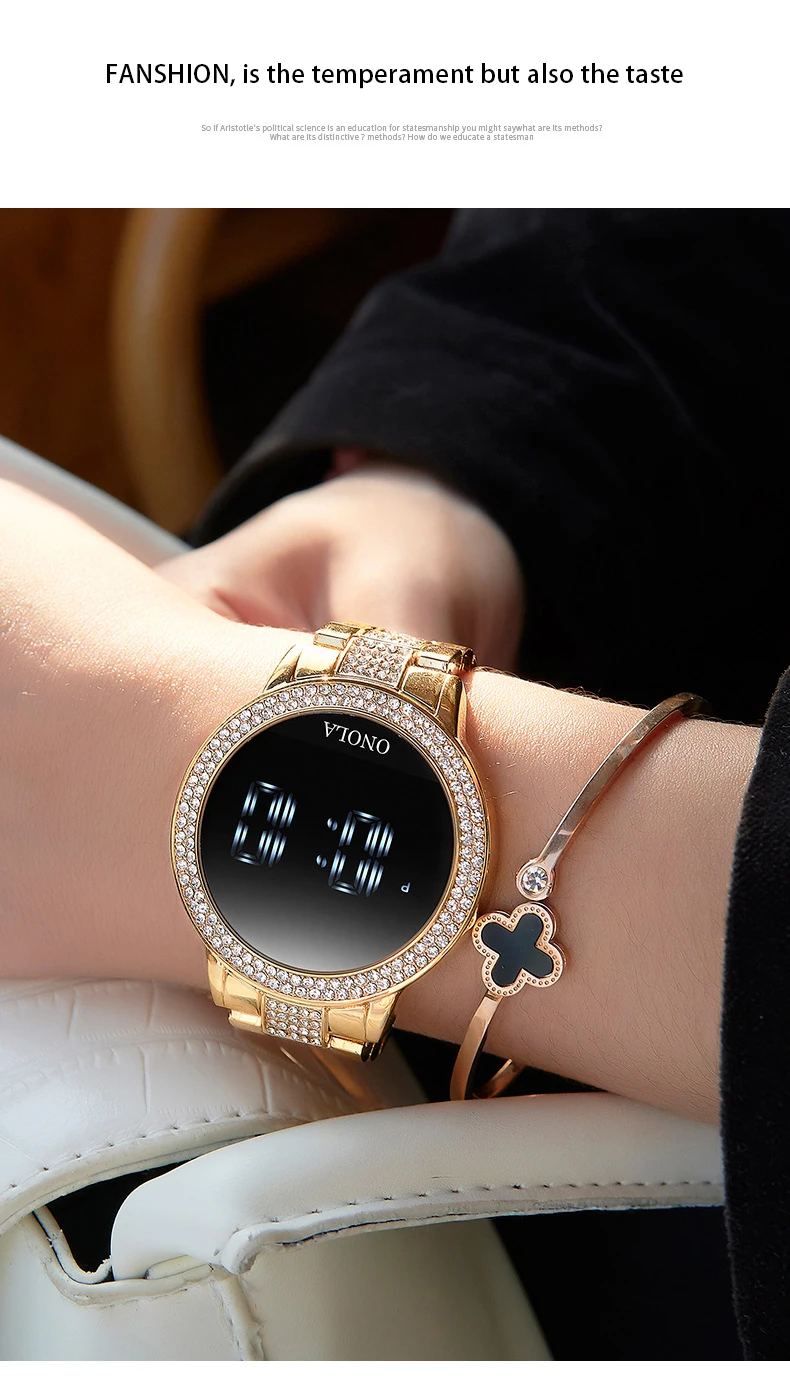 Fashion full diamond touch screen Led display ladies waterproof steel band quartz movement electronic watch business watch