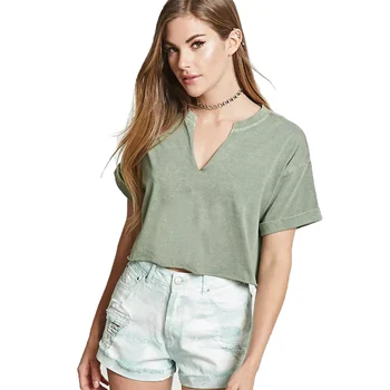 

5434 #2018 Summer Tops Solid Color Versatile V-neck Short Sleeve Short Loose-Fit Women's 2020 New T-shirt