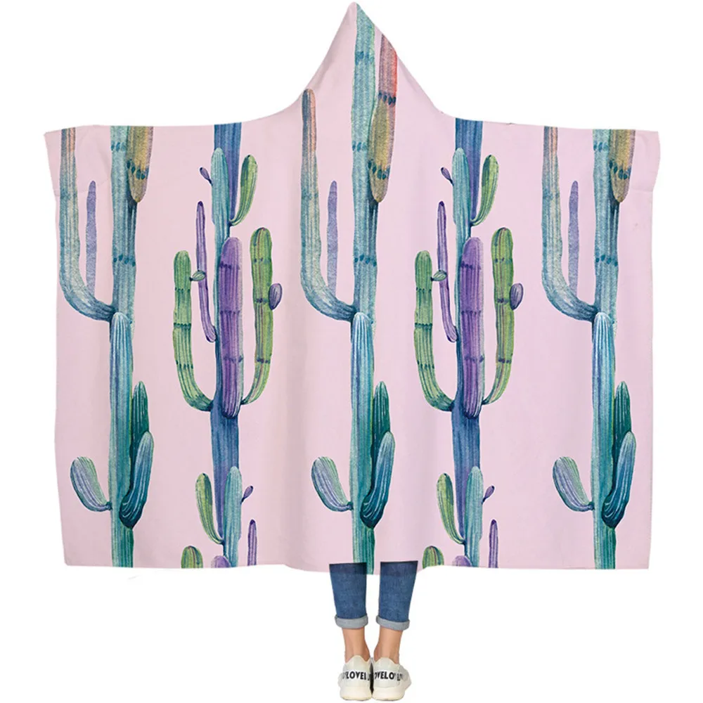 Travel-Outdoor-Wearable-Hooded-Blanket-Unique-Cactus-Printing-Rectangle-Blankets-Winter-Warm-Soft-Lightweight-Coral-Fleece