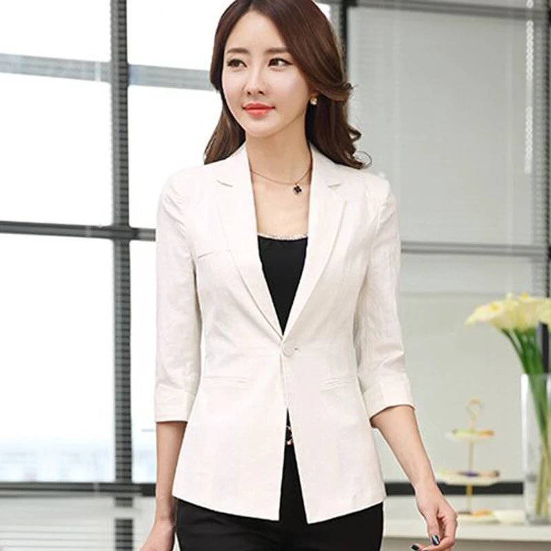 Summer Arts Style Women 3/4 Sleeve Loose Casual Blazers Single Button Cotton Linen Solid Blezer Femme Coat Plus Size 4XL Office