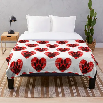 

Soft Blanket for Bed Sherpa Flannel Fleece Blanket Home Travel Sofa Soft Throw Blanket Sketched Dog Paw In Red Heart Pattern
