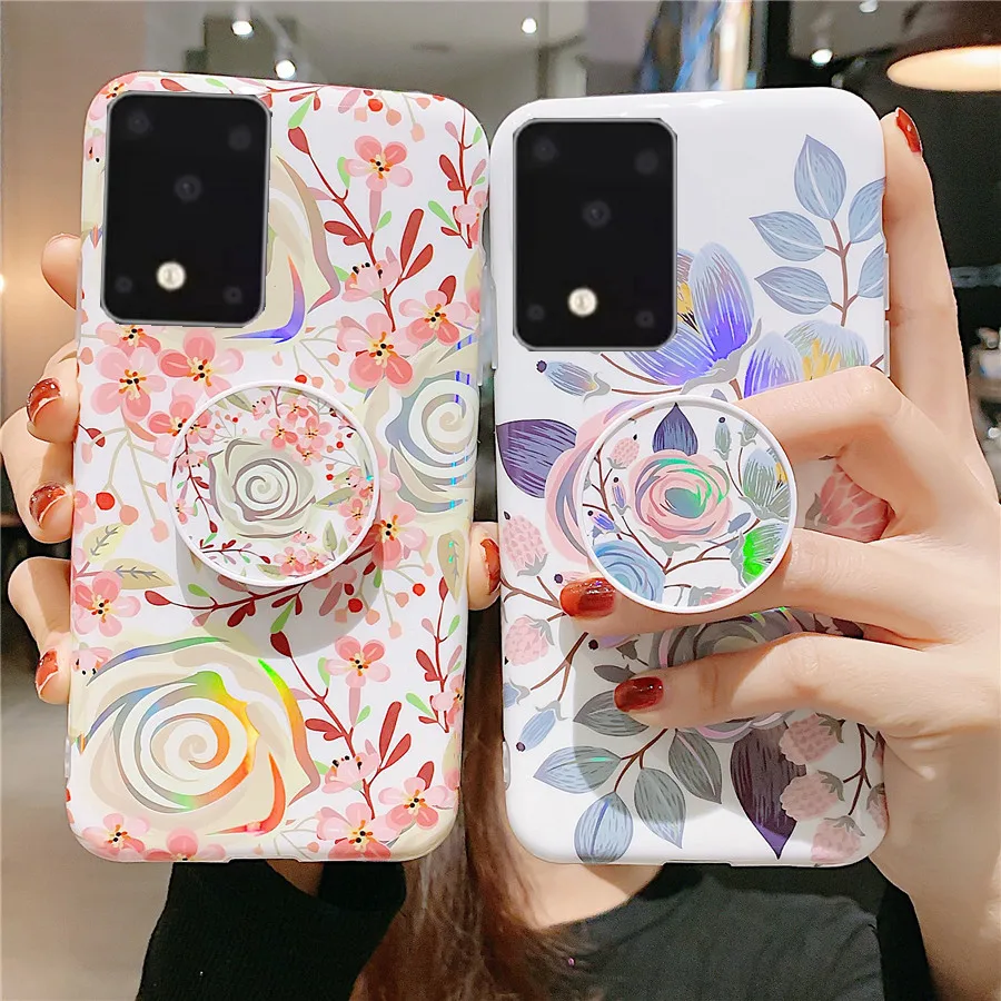 Glitter Ring Case For Samsung Galaxy S20 Ultra S10 Plus S9 Note 20 10 A41 Floral TPU Laser Case For Samsung A51 A71 A30 A50 A10
