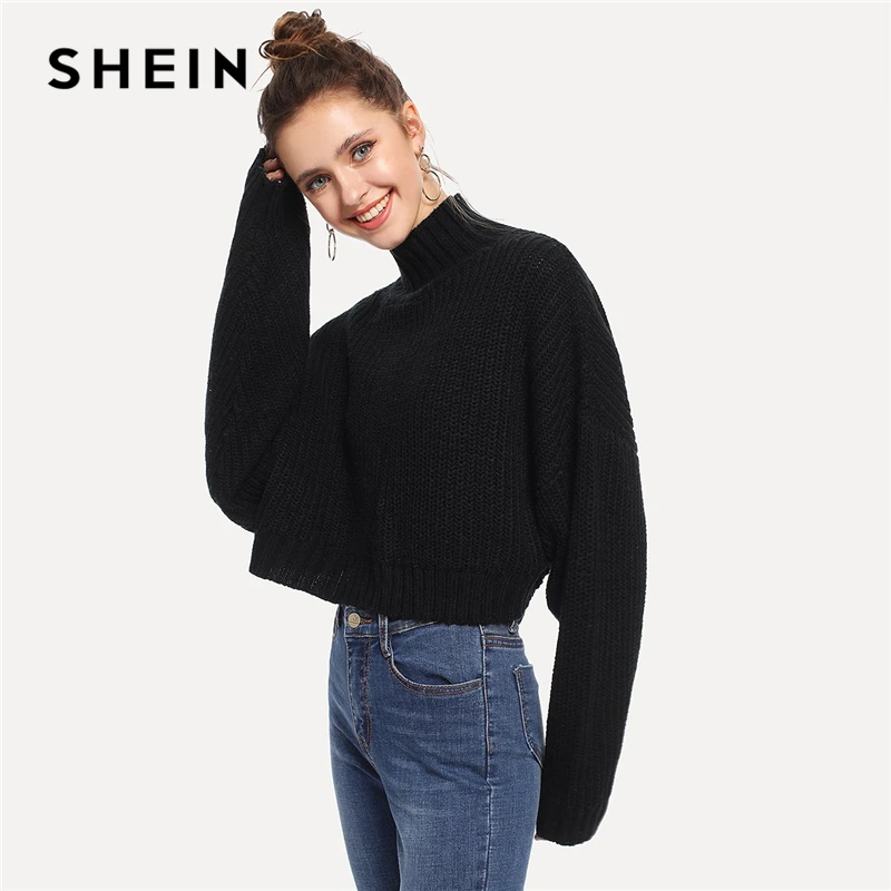 SHEIN черный однотонный короткий свитер с высоким воротом, осенний свитер для женщин, топы, зимняя уличная одежда с длинным рукавом, повседневный женксие кофты