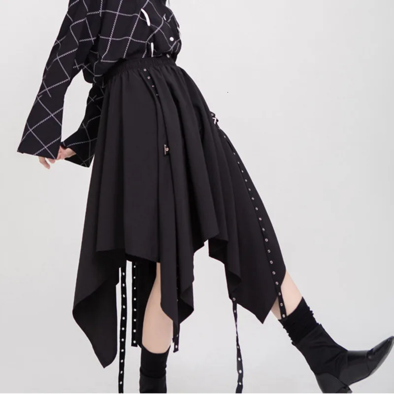 MEVGOHOT Irregularity Ruffles Black Pleated Woman Punk Skirt Autumn High Waist Draped All Match Street Webbing Skirt HD3047