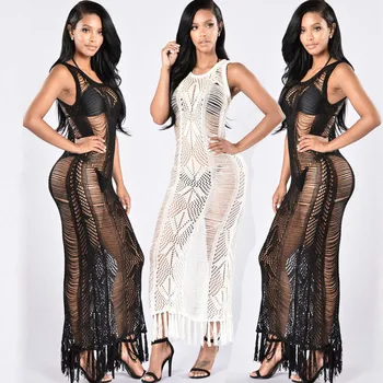 

2020 New Tassel Crochet Sexy Beach Cover Up Swim Dress Women Bikini Cover Ups Hollow Out Long Swimwear Women Cover-up Bikini