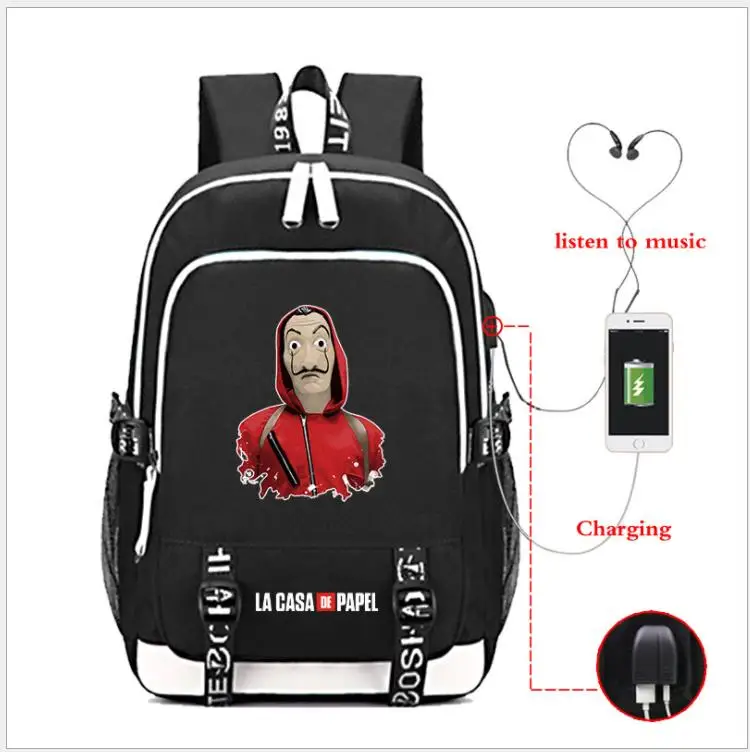 La Casa De Papel Оксфорд рюкзак usb зарядка школьная сумка бумажный дом музыка mochila рюкзак дорожная сумка рюкзак для ноутбука - Цвет: as pictures