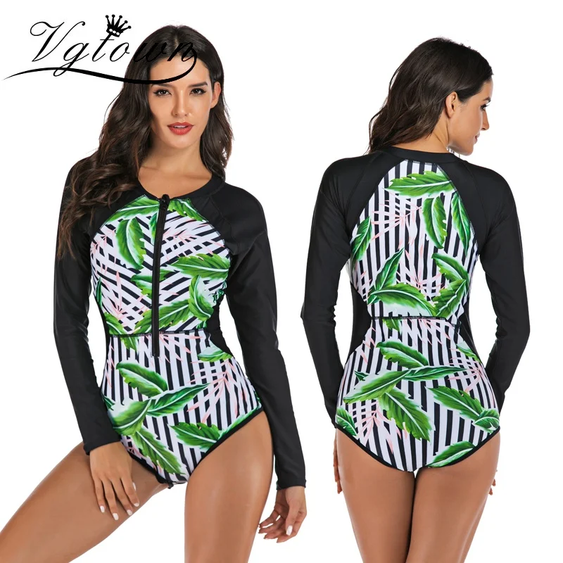 

2020 New Print one piece Surfing Swimsuit for Women Long sleeve Zipper Bathing Suit Summer beach Swimwear