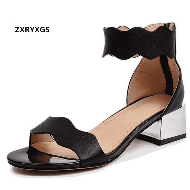2020 New Top Cowhide Fish Mouth Open Toe Sandals Classic Fashion Thick Heel Comfort Summer Leather Slipper Women | Обувь