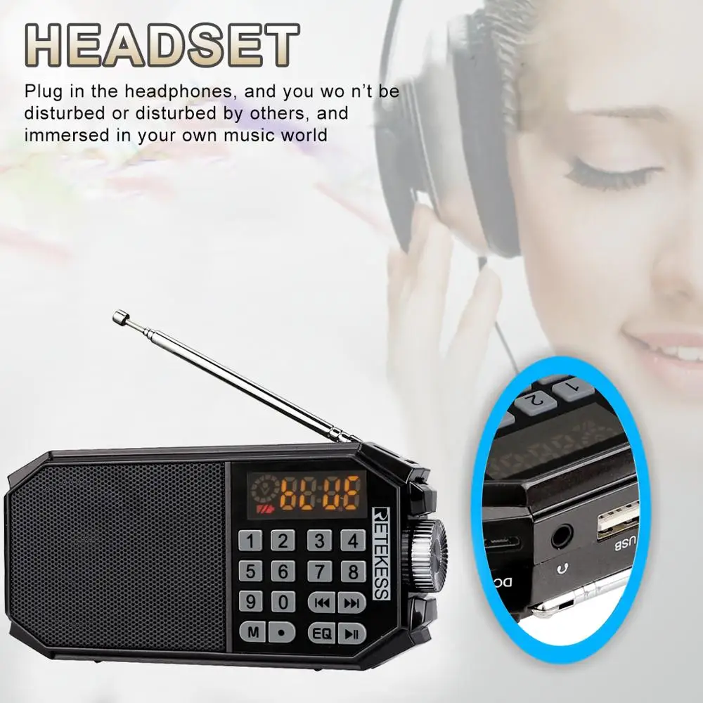 Retekess TR610 Bluetooth FM radio with headphone jack supports T flash TF card to read music from U disk supports Recording