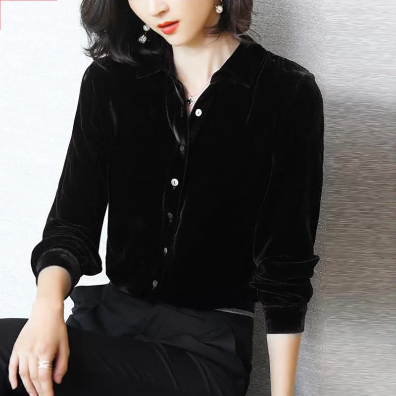 Office Lady Blue Velvet Blouse Button 