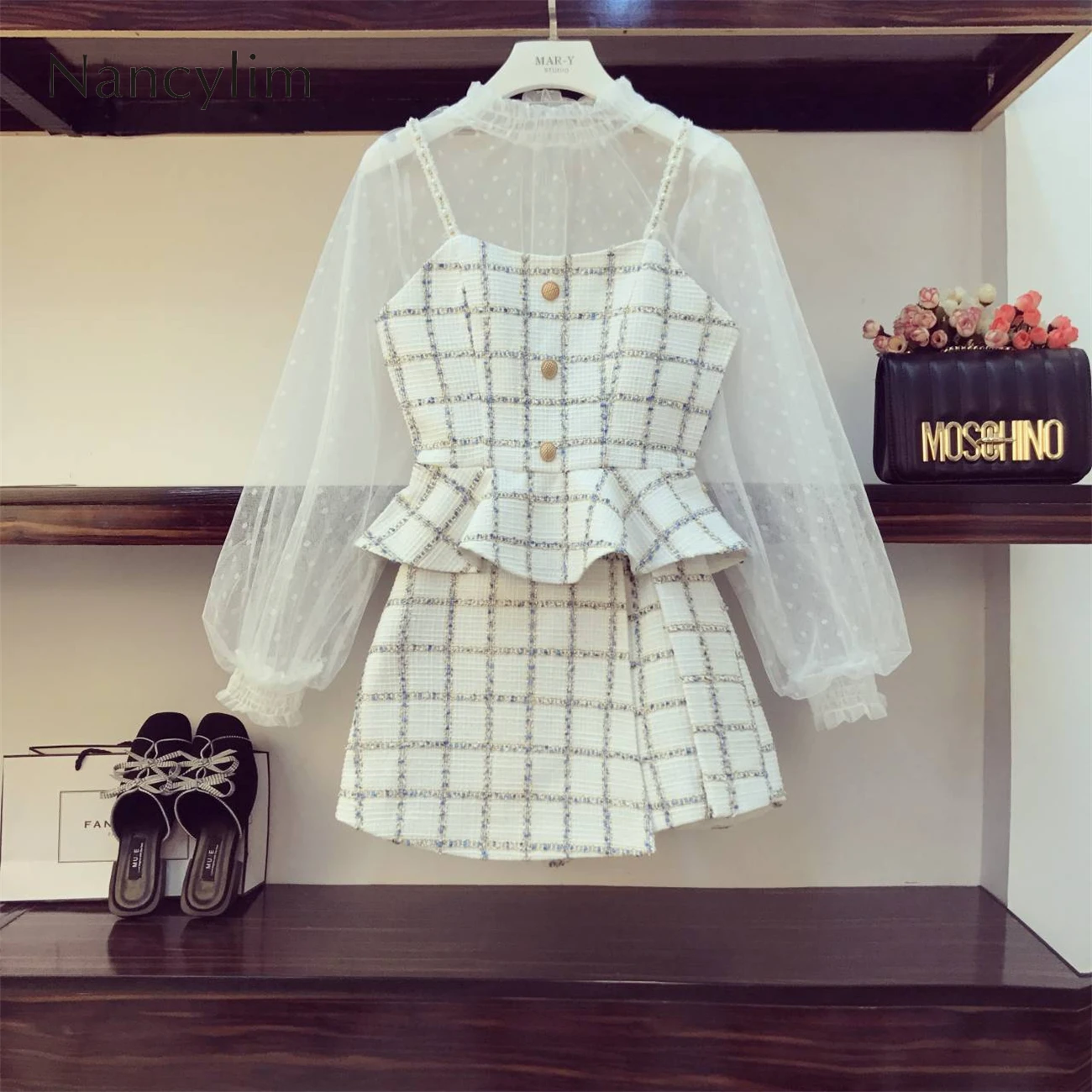 

3 Piece Set Women Autumn New Mesh Shirt + Small Sling Jacket + Skirt Womens Tweed Sets Street Plaid Three-piece Set Girl Lady