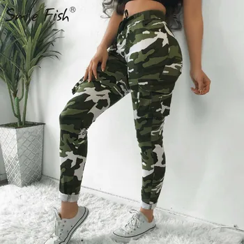 

Camouflage Pockets Trousers High Waist Army Green Women Pants 2020 Harajuku Sweatpants New Fashion Drawstring Pencil Pants GV680