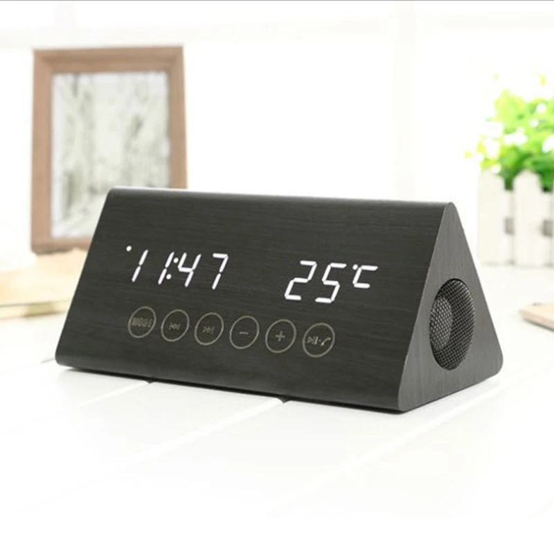 Деревянный Будильник с bluetooth-динамиком, голосовое управление, светодиодный, креативные цифровые часы, деревянный дисплей времени, температура и влажность