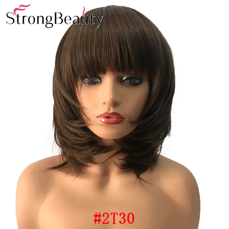 strongbeauty cabelo de comprimento médio em linha reta perucas femininas com puro bang sintético natural sem tampa