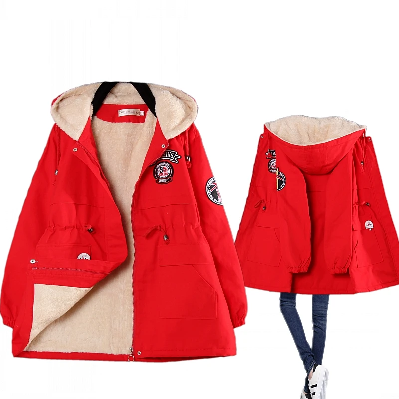 red parka Зимняя флисовая женская парка с капюшоном средней длины, стеганая теплая зимняя куртка с подкладкой, красная, черная, Армейская, зеленая Женская ветровка, куртка - Цвет: red parka